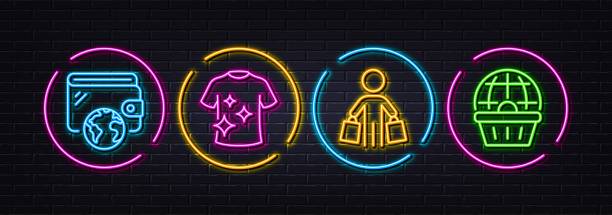 Wallet, Clean t-shirt and Buyer minimal line icons. For web application, printing. Neon laser 3d lights. Vector Wallet, Clean t-shirt and Buyer minimal line icons. Neon laser 3d lights. Online shopping icons. For web, application, printing. Internet money, Laundry shirt, Shopping customer. Vector t shirt transfer stock illustrations