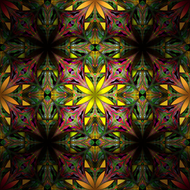 kwadratowy refrakt płytka szkło kalejdoskop blask fraktalny świecący symetryczny wzór - stained glass backgrounds pattern abstract stock illustrations