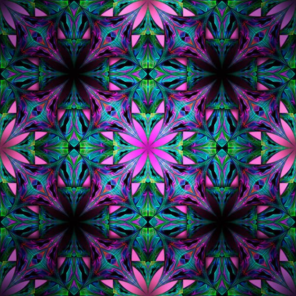 illustrazioni stock, clip art, cartoni animati e icone di tendenza di caleidoscopio di vetro quadrato rifratto piastrella bagliore frattale incandescente modello simmetrico - kaleidoscope