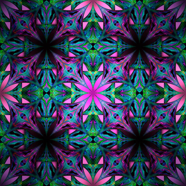 유리 만화경 광장 굴절 타일 글로우 프랙탈 빛나는 대칭 패턴 - kaleidoscope fractal psychedelic abstract stock illustrations