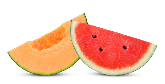 Slices of cantaloupe melon and watermelon isolated on white background.