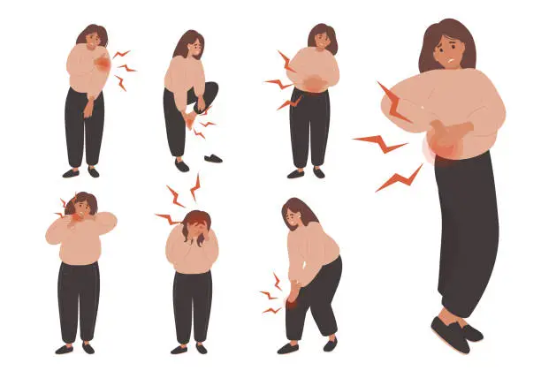 Vector illustration of Set of woman suffering from various type of pain. Health Problem, Disease Symptoms and Unhealthy Body Sickness