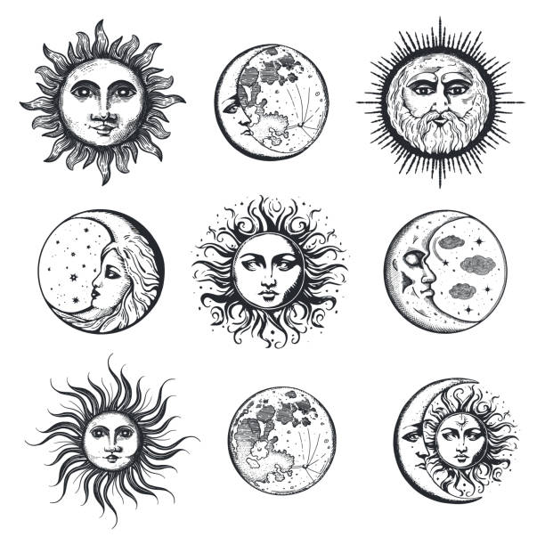 Moon and sun, hand drawing in engraving style set Moon and sun, hand drawing in engraving style set. Vector graphic retro illustration. Vintage pastiche of esoteric and occult sign collection. sun tattoos stock illustrations