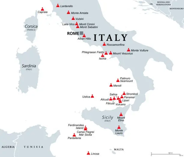 Vector illustration of Italy, active, dormant and underwater volcanoes, political map