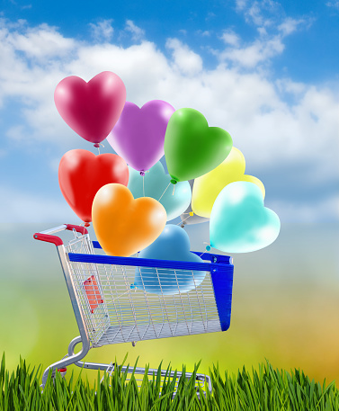 Image of shopping cart with colorful balloons