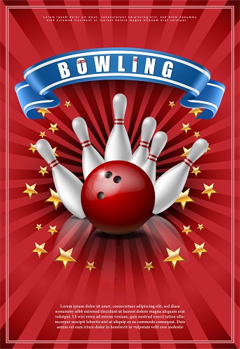 3d realistic vector banner of bowling game with red ball and white skittles.