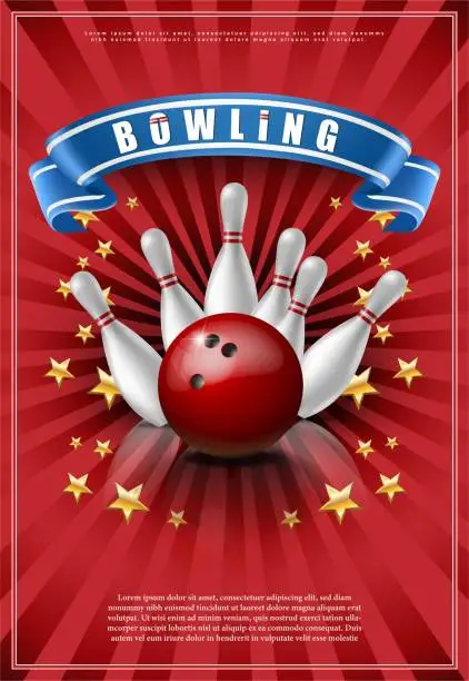 Vector illustration of realistic vector banner of bowling game with red ball and white skittles.