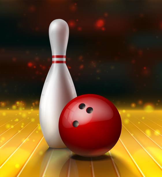 realistic vector bowling kegel and red ball on a wooden floor. 3d realistic vector bowling kegel and red ball on a wooden floor. bowling alley wood stock illustrations