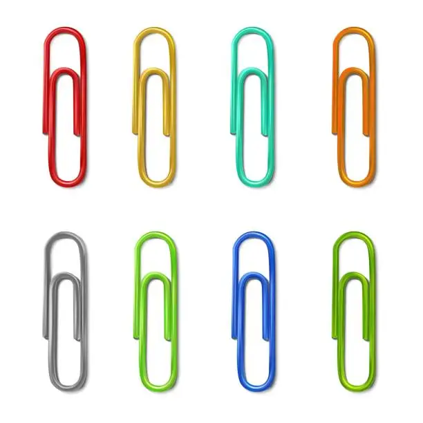 Vector illustration of realistic colorful collection of paperclips. Isolated on white background.