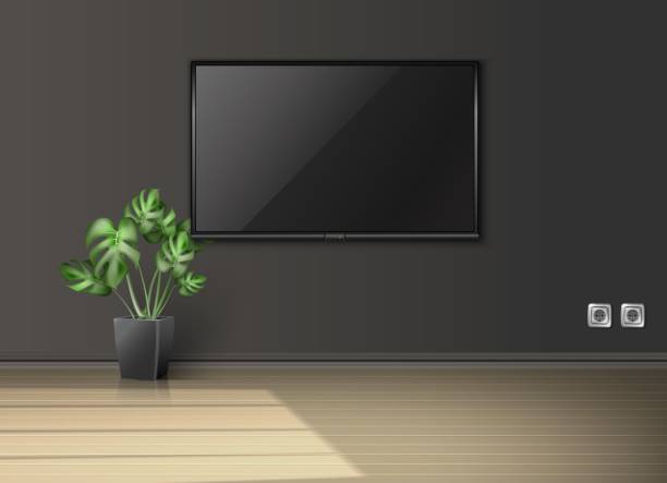 istock 3d realistic vector empty living room with screen on the wall and plant in a black pot with sun light coming from the window. 1470021964