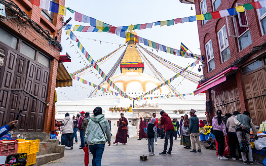Tourist are walking around Boudhanath stupa morning time at kathmandu, Nepal, on  Saturday February  25, 2023