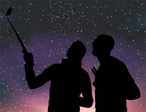 Vector illustration of Backlight silhouette of two young man in starry sky.