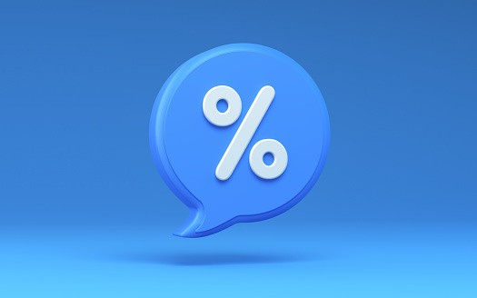 3D Render White Percent Sign Icon Speech Bubble on Blue Background, Can be Used for Black Friday, Sale Days and Economy Concepts. Clipping Path