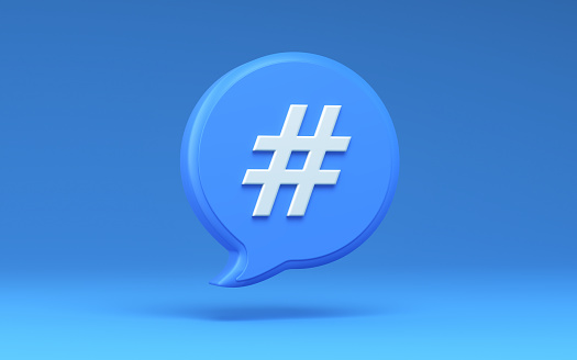 3D Render Speech Bubble with Hashtag Icon on Blue Background, Can be used for Internet Marketing, Websites, Presentation Concepts. (Clipping path)