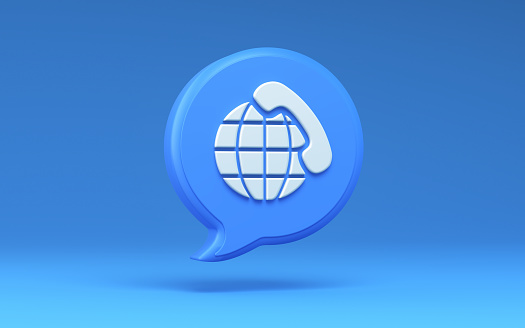 3D Render Speech Bubble with Global International Support, Service and Communication Classic Telephone icon on Blue Background, Clipping path