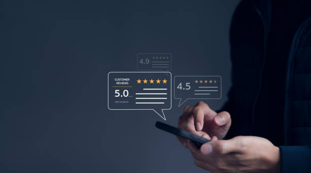 istock User give rating to service excellent experience on mobile phone application, Client evaluate quality of service reputation ranking of business. Customer review satisfaction feedback survey concept. 1470024504