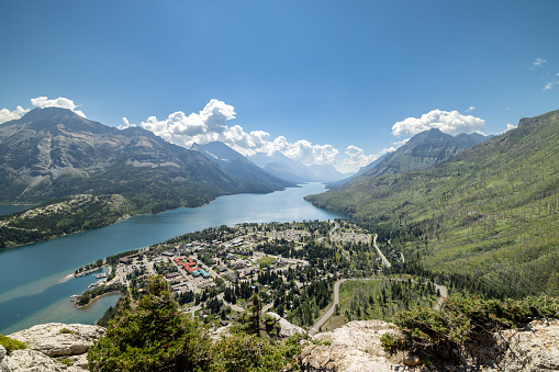 City of Waterton Lakes National Park During the Day, Alberta, Canada. View from Bear’s Hump trail lookout.