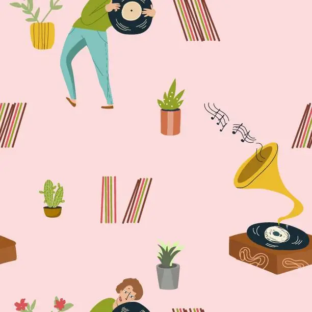 Vector illustration of Seamless pattern, digital paper, wrapping paper on hobby theme, free time, listening to vinyl records, gramophone, cartoon characters vector illustration, music, music lover.