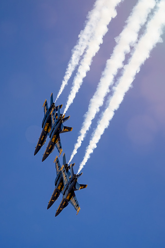 San Diego, California, USA - September 23, 2022: The US Navy Blue Angels perform at the 2022 Miramar Airshow.