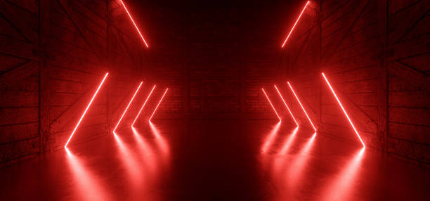 istock Neon Glowing Sci Fi Futuristic Warehouse Garage Stage Red Lights Concrete Stone Cement Floor Rough Barn Wood Walls Showroom 3D Rendering 1470027157