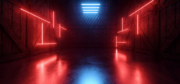 istock Neon Glowing Sci Fi Futuristic Warehouse Garage Stage Blue Red Lights Concrete Stone Cement Floor Rough Barn Wood Walls Showroom 3D Rendering 1470027686