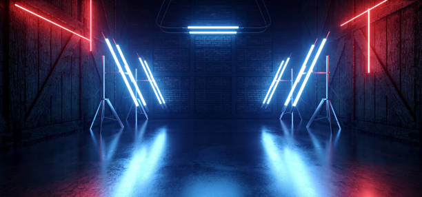 istock Neon Glowing Sci Fi Futuristic Stage Blue Red Lights On Stands With Cables Concrete Stone Cement Floor Rough Barn Wood Walls Showroom 3D Rendering 1470027748