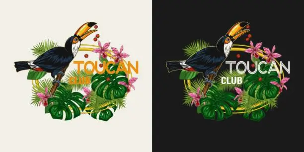 Vector illustration of Ellipse label with toucan, lush tropical foliage, leaves, flowers