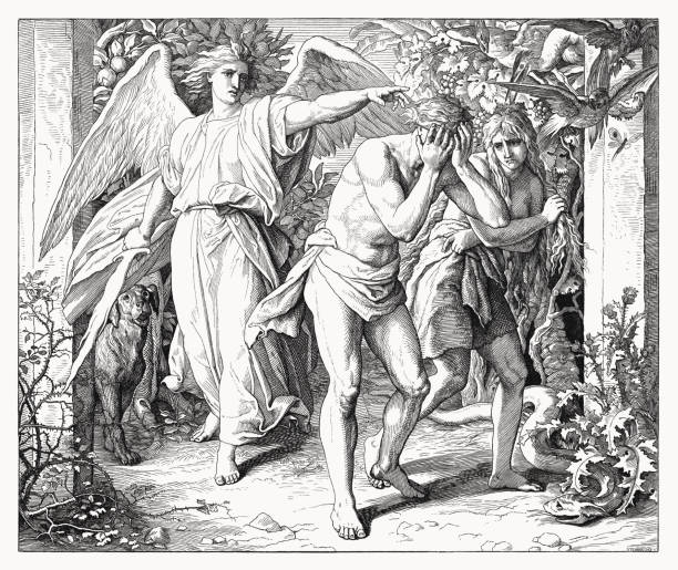 Expulsion from paradise (Genesis 3, 23-24), wood engraving, published 1860 vector art illustration