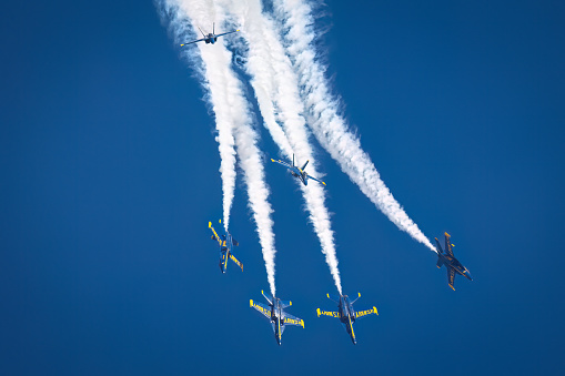 Gothenburg, Sweden - August 29 2009: Swedish Team 60 air display group persofming aerobatic maneuvers.