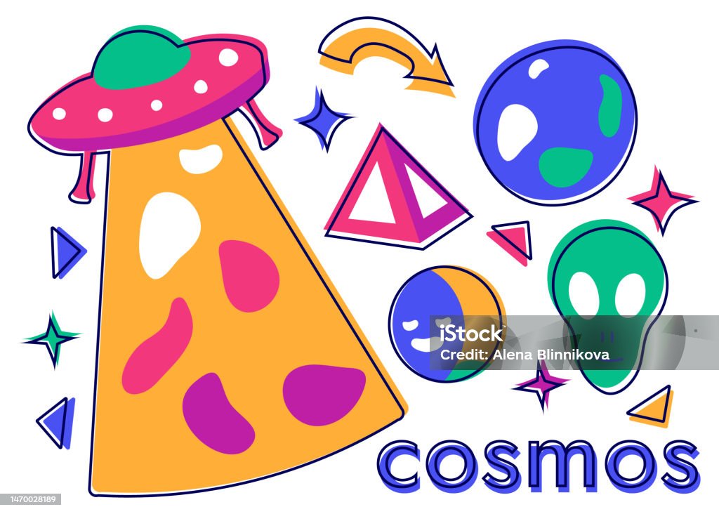 Ufo Alien And Planet Set Of Space Objects On A White Background The ...