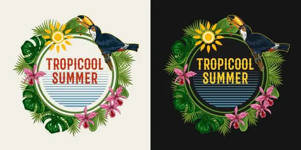 Vector illustration of Circilar label with toucan bird, tropical foliage, orchid, sun, text Tropical summer. Bird sitting on tree branch and eating seeds. Detailed illustration for prints, clothing, t shirt design