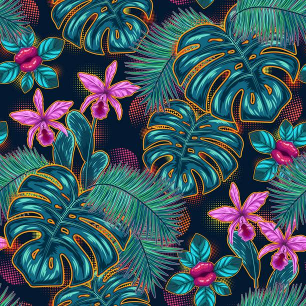 Seamless fantasy pattern with tropical vegetation, halftone shapes. Seamless fantasy pattern with tropical vegetation, halftone shapes. Monstera, palm leaves, orchid, exotic flower like lips. Neon glowing backlight. Vintage illustration for prints, textile design cattleya magenta orchid tropical climate stock illustrations