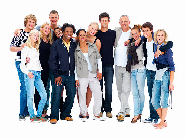 istock Happy friends standing against white background 147002919