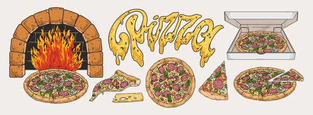 illustrations, cliparts, dessins animés et icônes de emblèmes de pizza italienne colorés - old fashioned pizza label design element