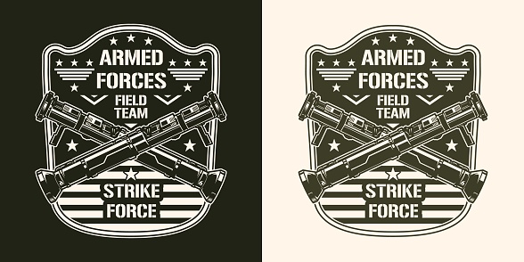 Military forces monochrome vintage sticker crossed bazooka two rocket-propelled grenade launchers soldier special forces patch for mercenary army vector illustration