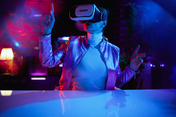 istock modern woman in vr headset in modern office 1470031589