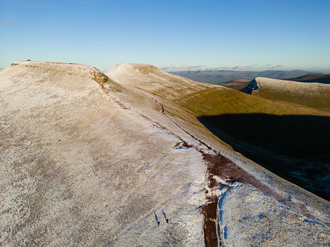 Aerial view of Pen-y-Fan in the Brecon Beacons with a light dusting of snow (Wales)