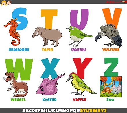 Cartoon illustration of educational colorful alphabet set from letter S to Z with funny animal characters