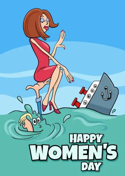 Vector illustration of Women's Day design with cartoon woman and sinking ship