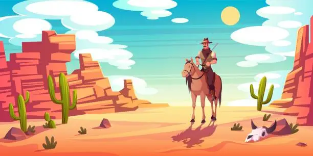 Vector illustration of Western background. Cartoon texas cowboy character, horseman at desert canyon, wild west landscape, cow skull, cacti on blue sky backdrop, texas rodeo design element tidy vector concept