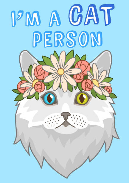 Cute cat in flower wreath. Spring card or poster with lettering. Summer animal stylish portrait, print for t-shirt or notebook cover, comic adorable pet vector cartoon flat illustration Cute cat in flower wreath. Spring card or poster with lettering. Summer animal stylish portrait, print for t-shirt or notebook cover, comic adorable pet vector cartoon flat style isolated illustration cat muzzle meowing cartoon stock illustrations