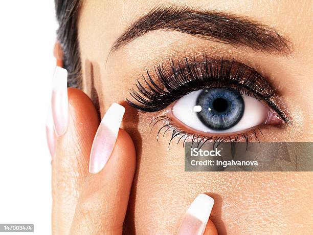 Closeup Of Womans Eye With Nails On Face Stock Photo - Download Image Now - Eyelash, Eyebrow, Fingernail