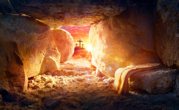 Resurrection Of Jesus Christ - Tomb Empty With Shroud And Crucifixion At Sunrise Rolled rock and cave with shroud - The death and resurrection of Jesus christianity stock pictures, royalty-free photos & images