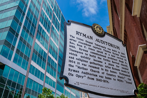 Nashville, Tennessee USA - May 9, 2022: Sign of the historical Ryman Auditorium and Grand Ole Opry music venue in the downtown district
