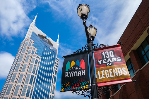 Nashville, Tennessee USA - May 9, 2022: Sign of the historical Ryman Auditorium and Grand Ole Opry music venue in the downtown district