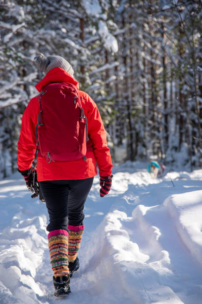 femme randonnant en hiver en forêt - scandinavian cross country ski ski nordic countries photos et images de collection