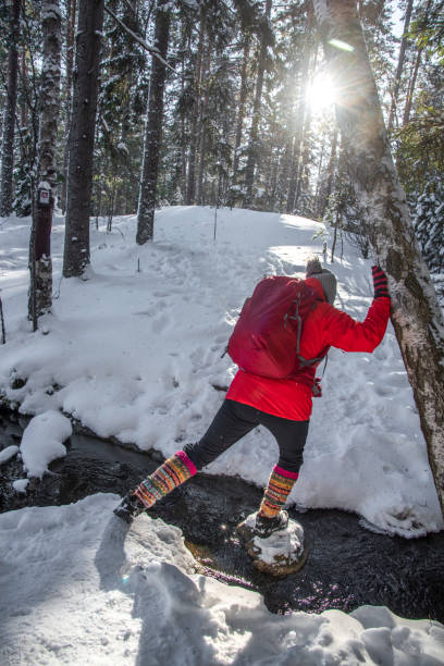 femme randonnant en hiver en forêt - scandinavian cross country ski ski nordic countries photos et images de collection