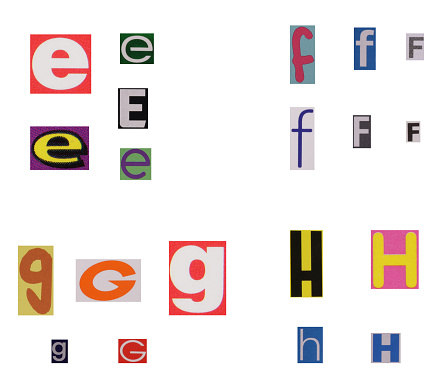 Letters e-h of colorful newspapers, magazines or magazine letters isolated on a white background