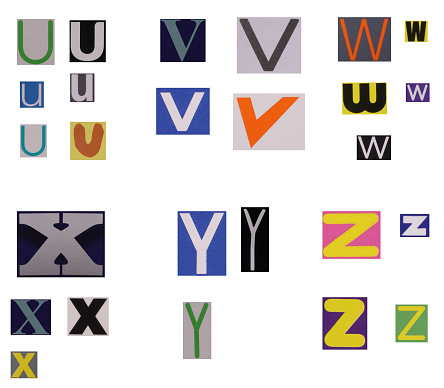 Letters u-z of colorful newspapers, magazines or magazine letters isolated on a white background