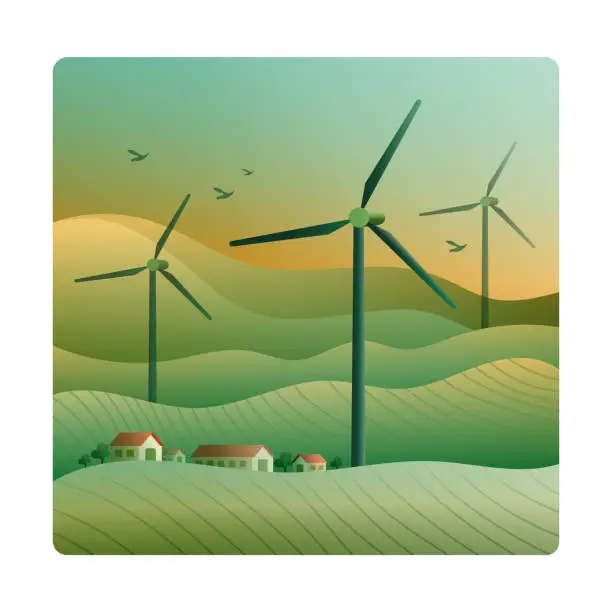 Vector illustration of Vector illustration of Green Energy and Wind Turbine, wind power, landscape, green technology, ecology, sustainability, electricity, energy crisis, electric car, pollution, green color.